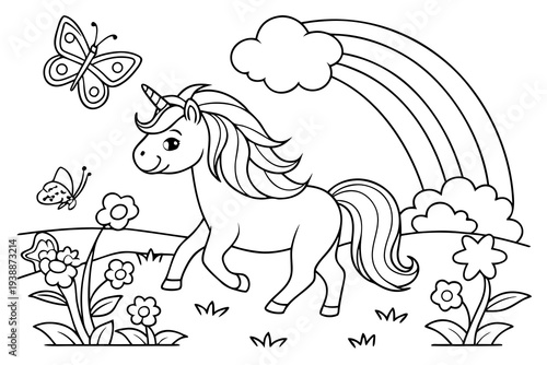 Magical Unicorn Coloring Page for Kids - Cute Unicorn with Flowers and Butterflies Line Art