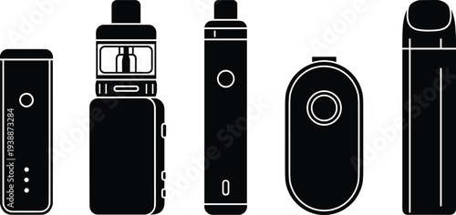 Electronic vape device silhouettes set, modern vaping gadgets collection, e cigarette icons, isolated black shapes, smoking technology, flat vector illustration