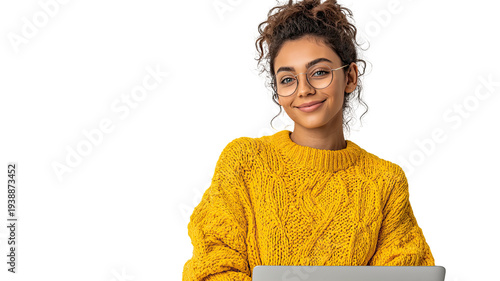 Smiling young woman wearing eyeglasses using laptop computer yellow sweater casual lifestyle female student portrait isolated on white background