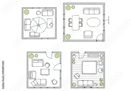 Residential Space Layout Concepts Showing Furniture Arrangement Options For Living Rooms Bedrooms And Dining Areas In Architectural Planning