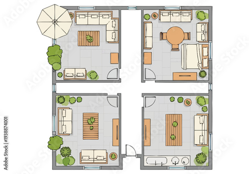 Modern Apartment Floor Plan Layout With Outdoor Seating Area And Interior Furnishings On White Background furniture icons interior design