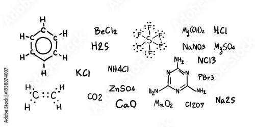 Molecule formulas on white background chemical formulas hand drawn doodle style illustration for chemistry education laboratory research and science design