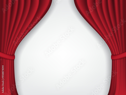 Realistic grand opening invitation banner with red curtains, golden elements