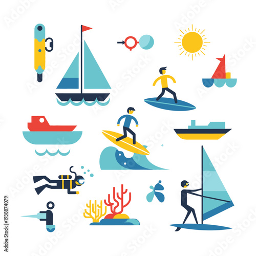 Summer Water Sports and Activities Icons: Surfing, Sailing, Diving, Boating, Windsurfing