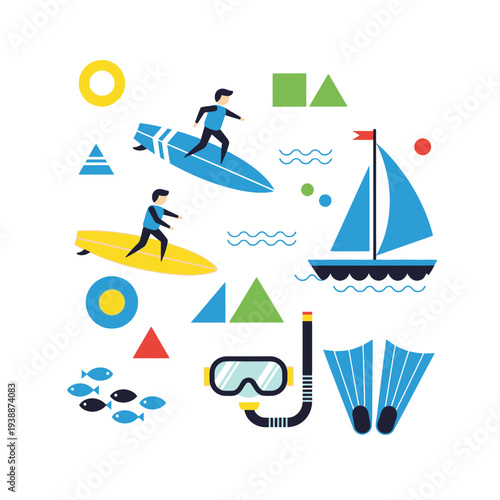 Summer water sports illustration: surfing, sailing, snorkeling, geometric shapes, vibrant colors