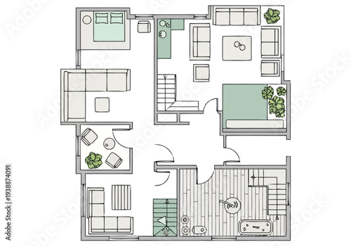 Modern Apartment Floor Plan Layout With Furniture And Interior Design Elements Viewed From Above For Real Estate Development Projects furniture icons