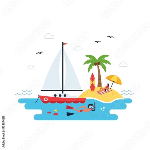 Tropical Island Vacation: Snorkeler, Sailboat, Beach, Palm Tree, and Sunny Sky