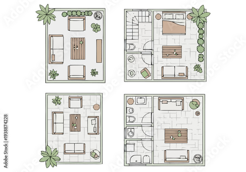 Top Down View of Four Compact Apartment Layouts Showcasing Furniture Arrangement Options for Living Space Design and Real Estate Planning furniture