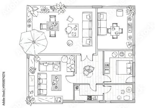 Modern Apartment Floor Plan Layout With Detailed Furniture Arrangement And Outdoor Terrace For Living Space Design Concepts furniture icons interior