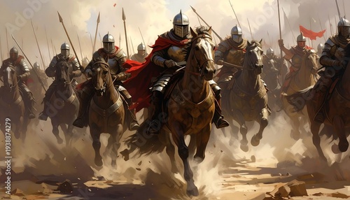 A group of armored warriors on horseback charge forward