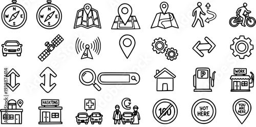 Navigation and Location Icons: Compass, Map, Car, Satellite, GPS, Search, House, Fuel, Work, People, Bike, Road Signs, Black and White Line Art