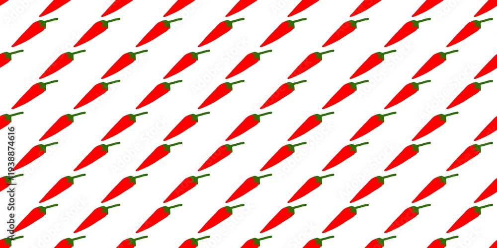 Obraz premium Seamless pattern of bright red chili peppers with green stems on a white background. Minimalist flat vector illustration of spicy vegetable repeat texture for kitchen wallpaper or fabric.