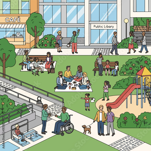 A vibrant park scene with people enjoying various activities