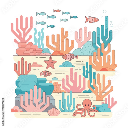 Vibrant Coral Reef Ecosystem with Diverse Marine Life and Colorful Corals