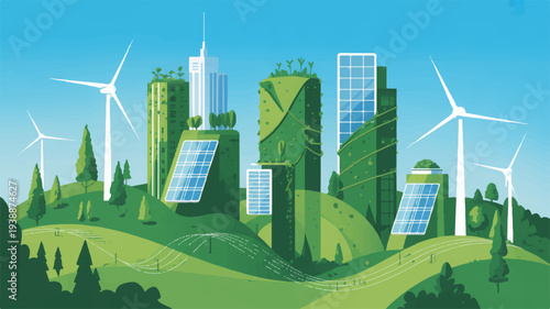 Sustainable cityscape with green buildings solar panels and wind turbines on a sunny hill