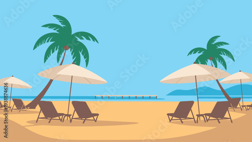 Tropical beach palm trees chairs vector