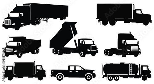 A collection of various commercial vehicles presented as bold black silhouettes showcasing transportation designs silhouette high quality professional