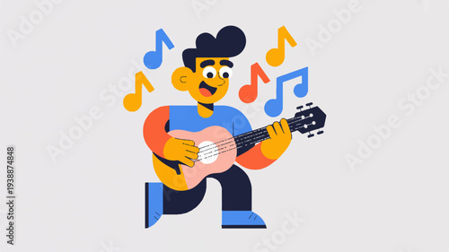 Man playing ukulele with colorful music notes floating around him in a lively scene