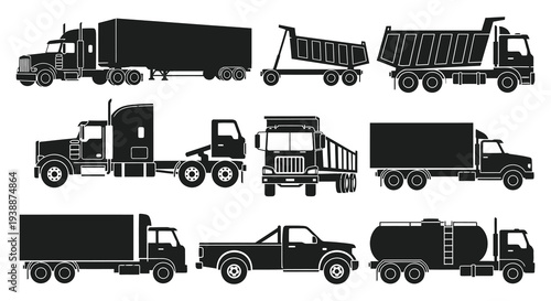 A collection of various commercial trucks and trailers depicted in stark black silhouette high quality professional detailed modern