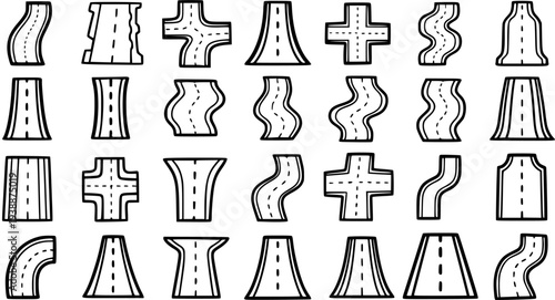 Transportation and Urban Planning Vector Icons: Black and White Line Art Road Elements, Curves, Intersections, and Highways