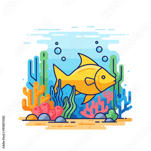 Vibrant Yellow Fish Swimming in Coral Reef Underwater Scene