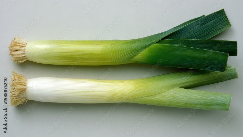 Obraz premium Two Fresh Vibrant Leeks - Green and White Culinary Vegetables on a Clean Background.