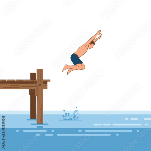Man jumping off wooden pier into blue water, creating splash