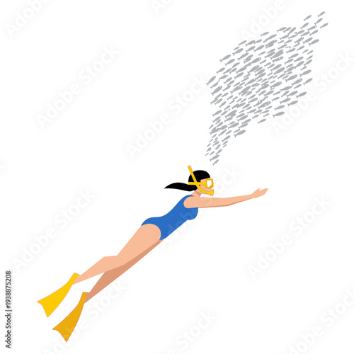 Woman snorkeling with school of fish, underwater adventure, vibrant blue swimsuit, yellow fins