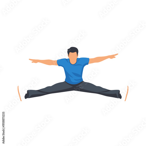 Man performing a split jump, demonstrating flexibility and athletic ability