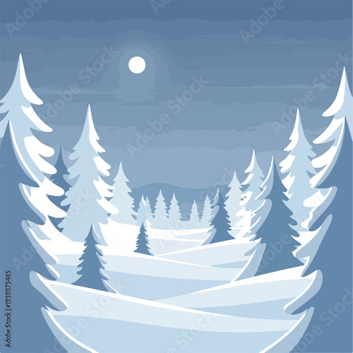 A wintry landscape with snowy hills, evergreen trees, and a full moon