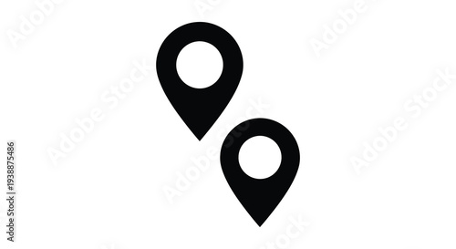 Two black map pin icons display location points against a stark white background silhouette high quality professional detailed