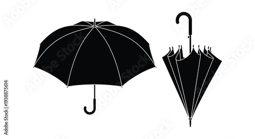 Two black umbrellas depicted in a minimalist style one open and one closed as a silhouette high quality