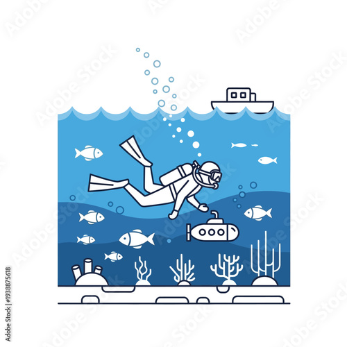 Scuba diver exploring underwater world with submarine and fish near coral reef