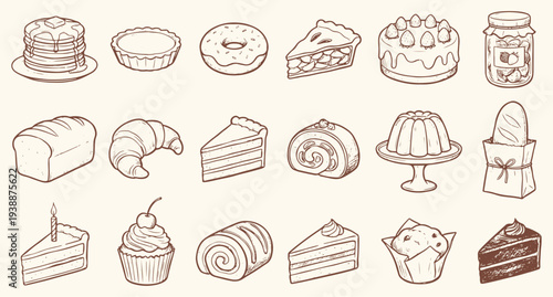 Assortment of delicious baked goods and sweet desserts illustrated in a charming, hand drawn vintage sketch style collection.