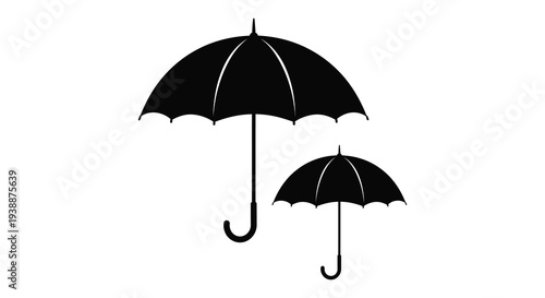 A simple illustration featuring two black umbrellas of varying sizes against a white background silhouette high quality professional
