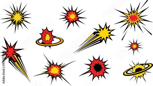 A collection of comic-style illustrations of various explosive blasts and celestial bodies in red, yellow, and black hues on a white background