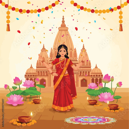 A woman in a red sari stands before a temple with festive decorations