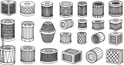 Automotive and Industrial Filters Vector Set - Hand-Drawn Black  White Line Art Collection of Engine, Air, Oil, and Fuel Filtration Components