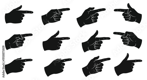 A collection of nine black hands pointing in various directions presented as a stark silhouette high quality professional