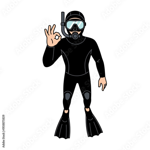 Scuba Diver in Black Wetsuit Giving OK Sign Underwater, Ready for Dive
