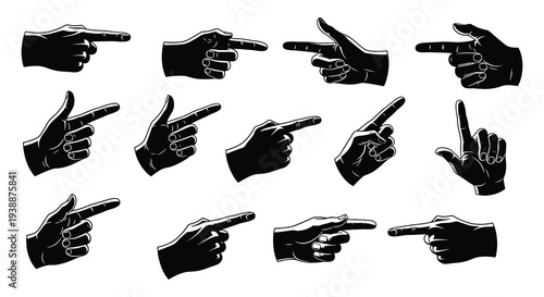 A collection of black hands gesturing and pointing in various directions displayed as a silhouette high quality professional