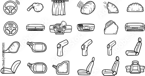 Automotive Car Parts and Accessories Line Art Icons Set. Black and White Outline Sketch Vector of Vehicle Interior Components and Elements.