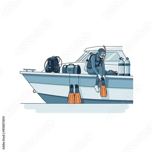 Scuba diver preparing on boat with gear, fins, oxygen tanks, and equipment