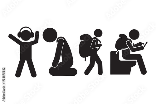 Set of 4 black stick figure icons vector