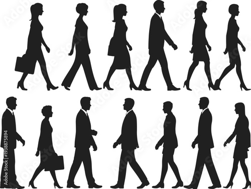 Collection of professional business people silhouettes walking in formal suits, office staff group vector illustration