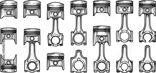 Automotive Engine Pistons and Connecting Rods Set. Detailed Black and White Line Art Illustration of Mechanical Components for Vehicle Repair and Engineering.