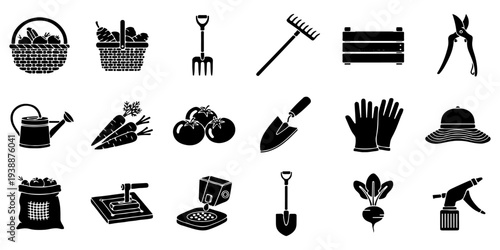 Black Silhouette Gardening and Farming Tools Icon Set Vector