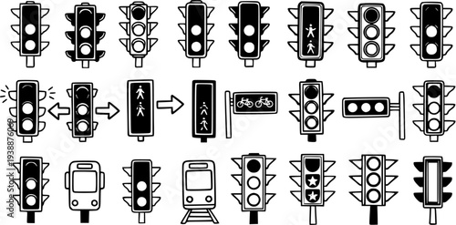 Black  White Line Art Icons Set of Transportation Traffic Lights, Pedestrian, Bicycle  Train Signals for Urban Road Safety.