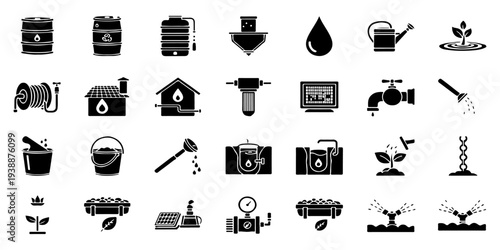Mega set of water and irrigation icons in minimalist black glyph style for web and app design