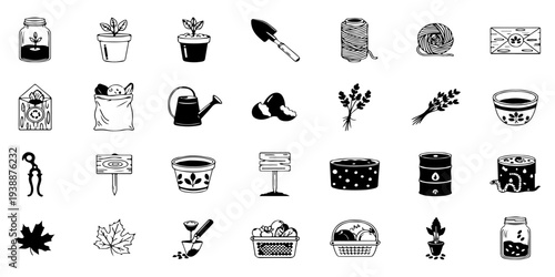 Hand Drawn Doodle Gardening Tools and Plant Care Vector Icons Collection